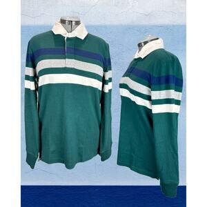 Vintage 90s Land's End Preppy Green Striped Rugby Shirt M